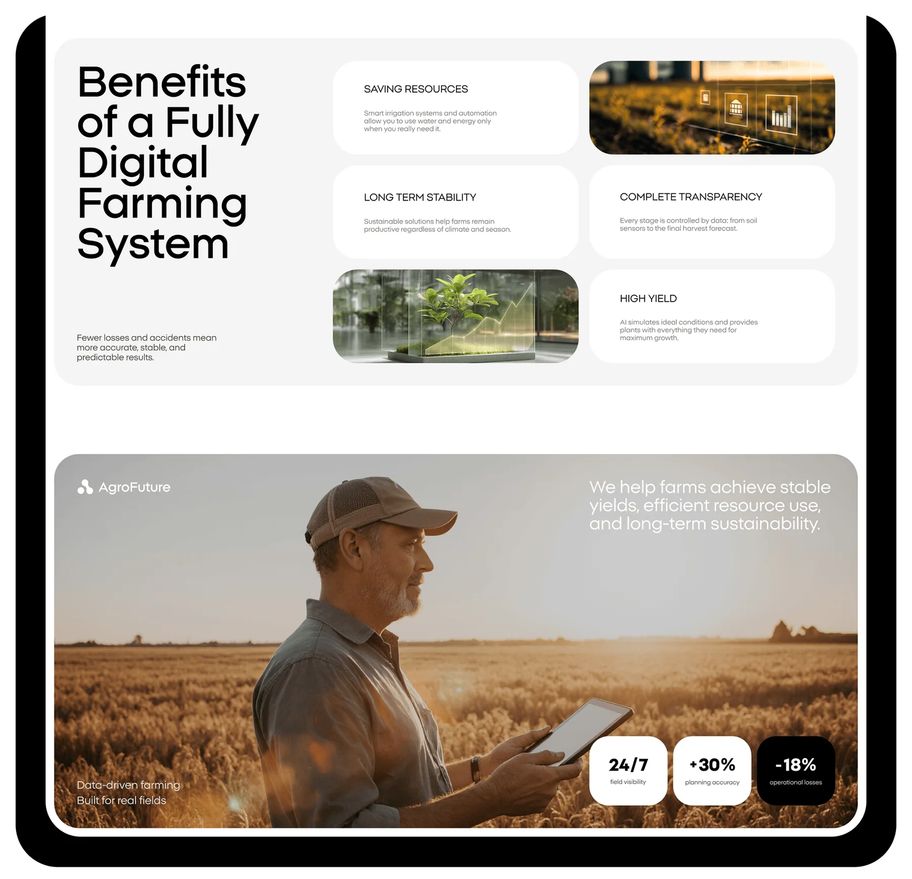 AgroFuture benefits section and mobile interface