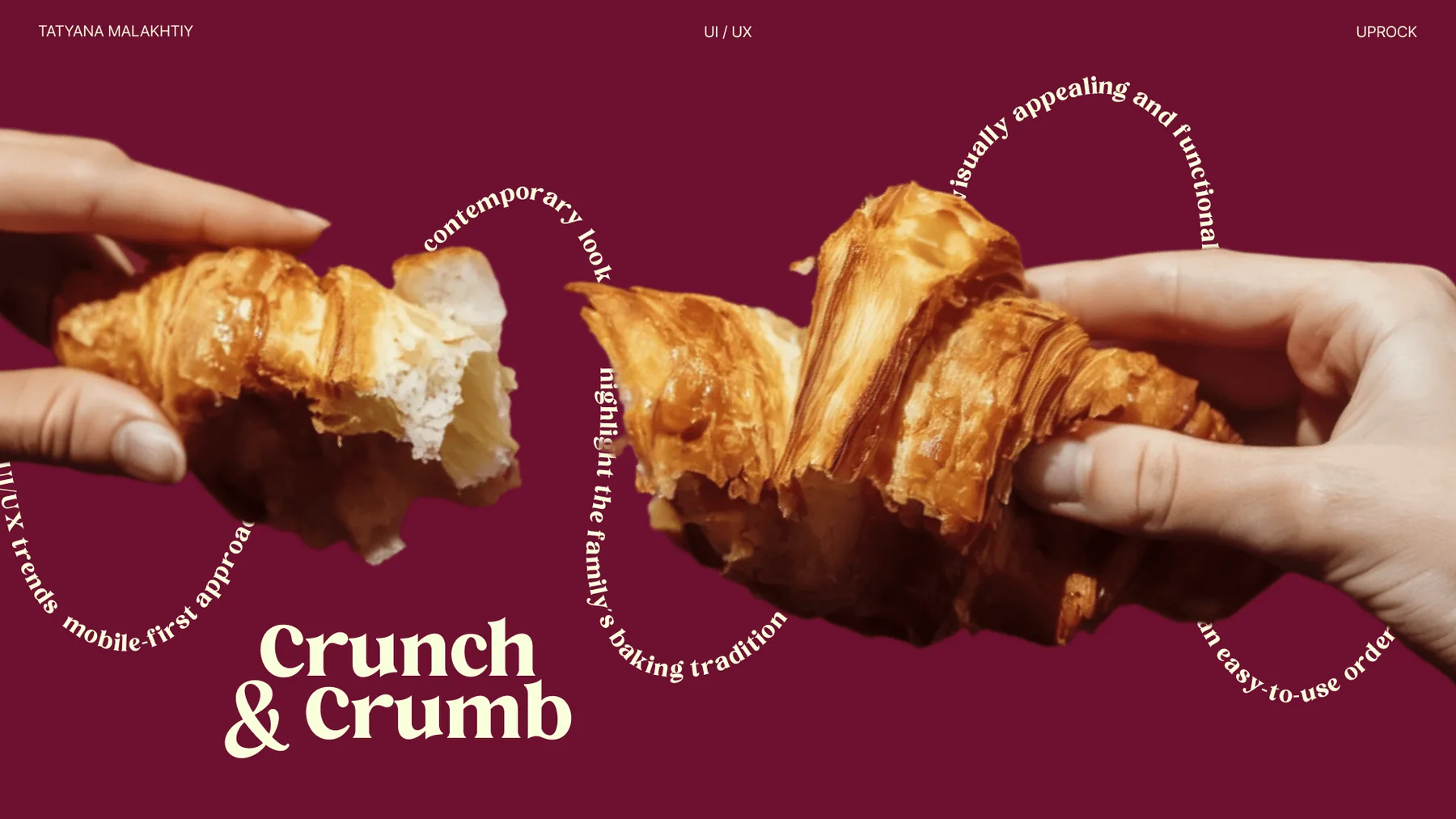 Crunch and Crumb bakery campaign with croissant and burgundy backdrop