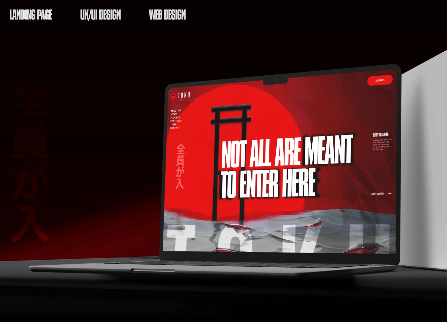 Toku red and black landing page presented on a laptop